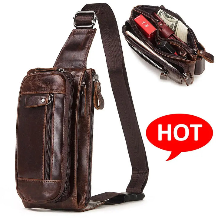 Borsa a tracolla in pelle marrone per uomo, design compatto con scomparti multipli, ideale per viaggi e uso quotidiano. Accessorio moda trendy.