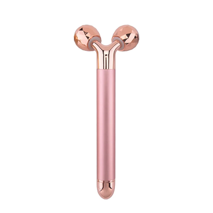 Rullo massaggiante viso rosa oro, doppia sfera, strumento bellezza anti-età, lifting, tonificante, cura pelle, accessorio skincare.