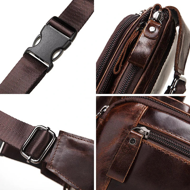 Borsa a tracolla in pelle marrone, dettagli di cerniere e fibbie in metallo, design elegante e resistente, ideale per uomo, moda accessori.
