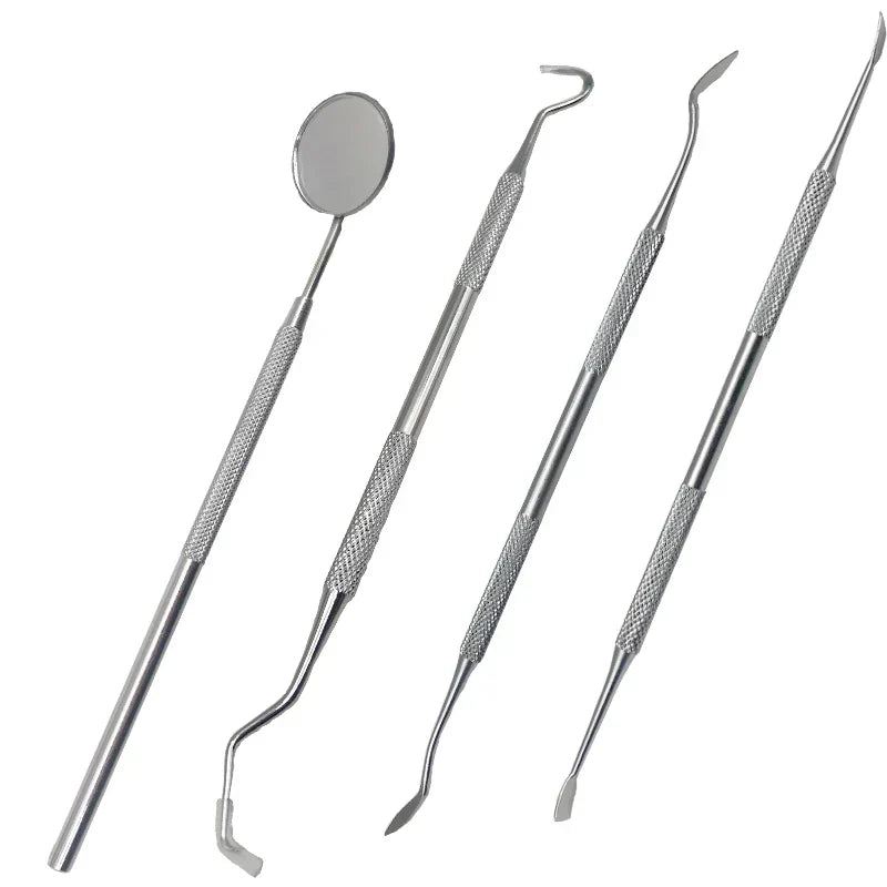 Set di strumenti dentali in acciaio inox, specchietto e sonde, per igiene orale professionale, odontoiatria, pulizia dentale, kit dentista.