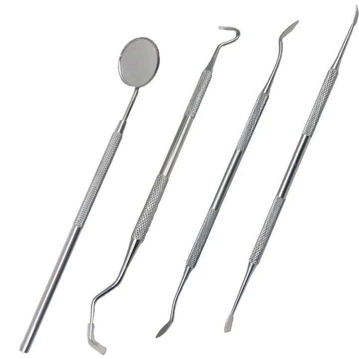 Set di strumenti dentali in acciaio inox, specchietto e sonde, per igiene orale professionale, odontoiatria, pulizia dentale, kit dentista.