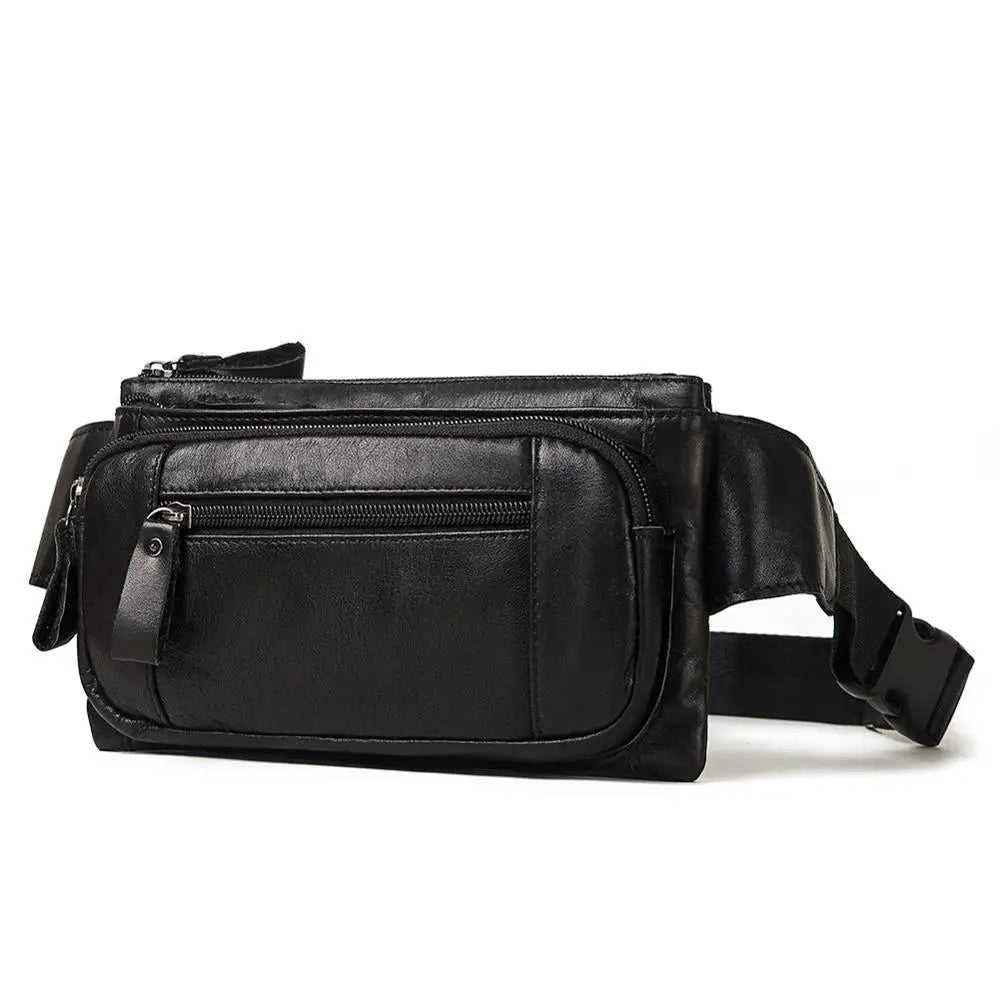 Marsupio in pelle nera con cerniere multiple, design elegante e pratico, ideale per viaggi e uso quotidiano. Accessorio moda unisex.