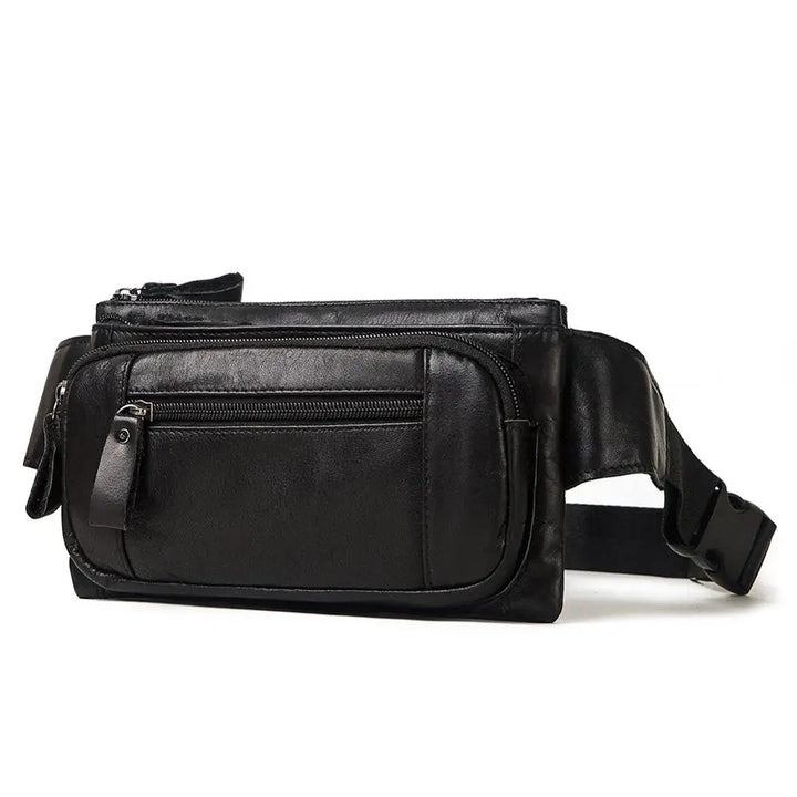 Marsupio in pelle nera con cerniere multiple, design elegante e pratico, ideale per viaggi e uso quotidiano. Accessorio moda unisex.