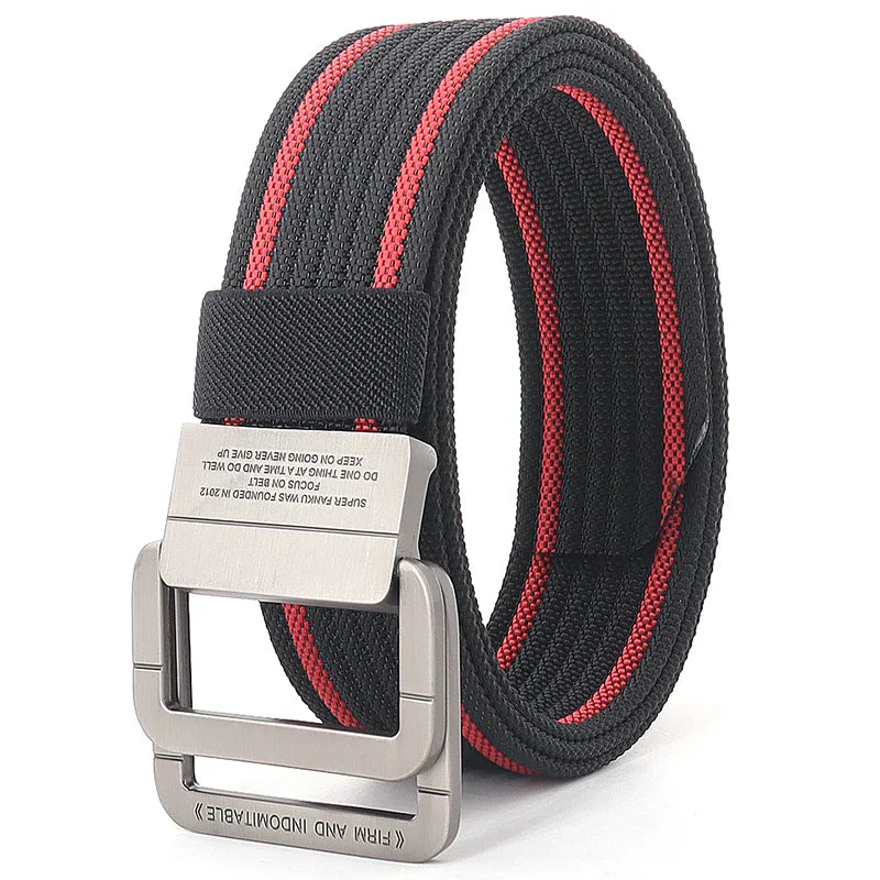 Cintura Unisex in Tela Rigata Casual con Fibbia Doppio Anello