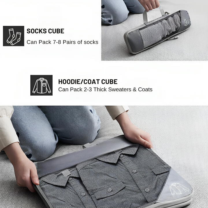Cubo organizer per calze e maglioni, ideale per viaggi. Contiene 7-8 paia di calze o 2-3 maglioni. Design compatto e portatile.
