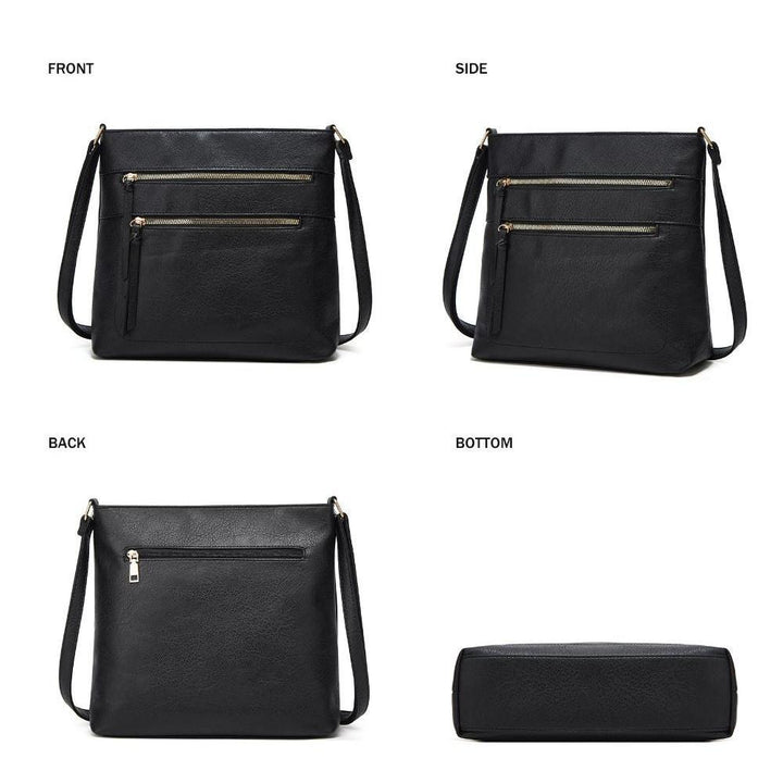 Borsa a tracolla nera in pelle sintetica, vista frontale, laterale, posteriore e inferiore, con cerniere dorate e tasche multiple.