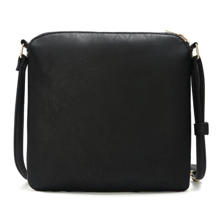Borsa a tracolla nera in pelle sintetica, design minimalista, chiusura con zip, ideale per donna, moda casual ed elegante.