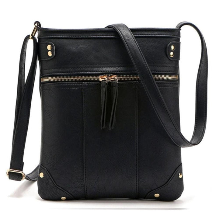Borsa a tracolla nera in pelle sintetica con cerniera dorata, design elegante e moderno, ideale per donna. Accessorio moda versatile e pratico.