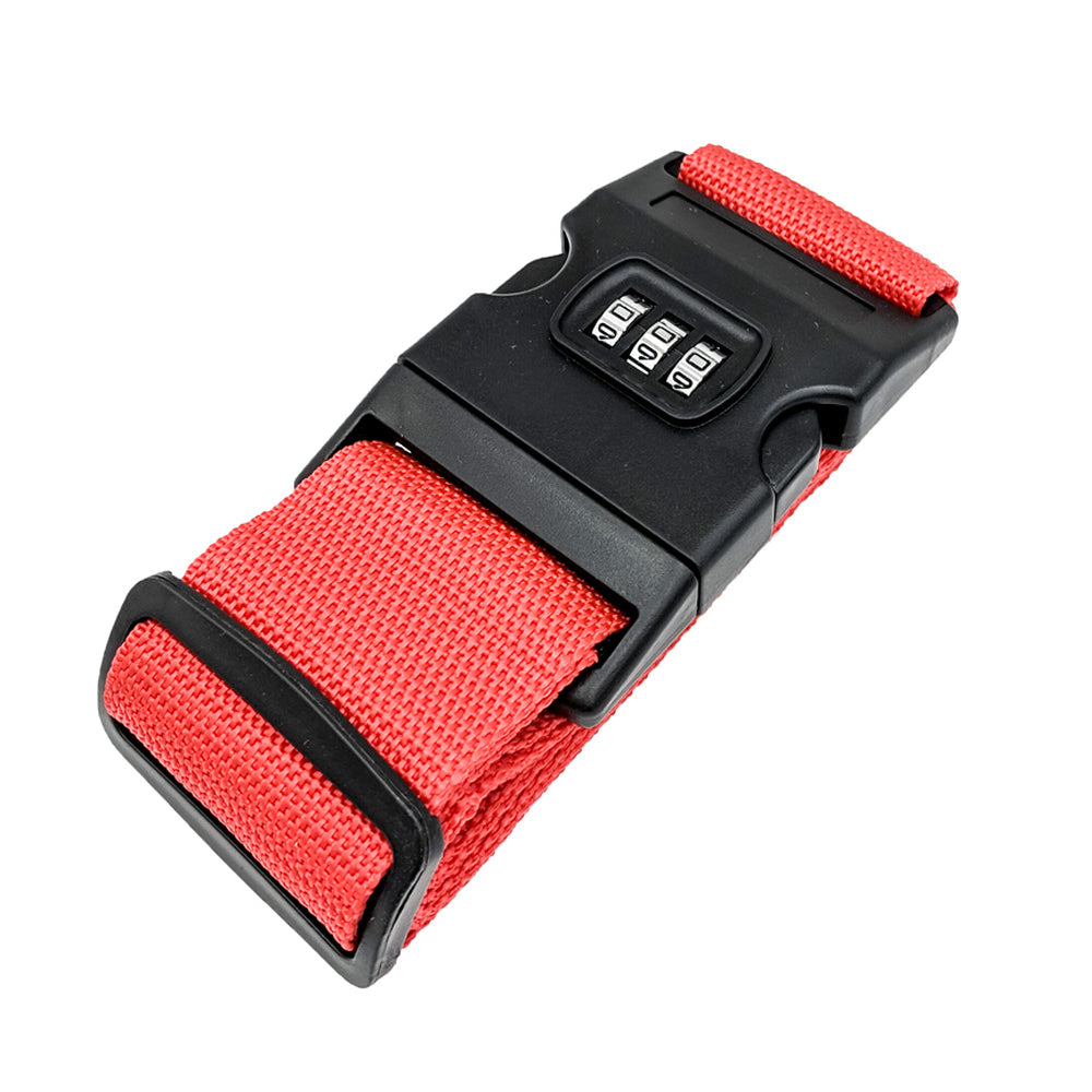 Cinghia bagaglio rossa con chiusura a combinazione numerica, resistente e regolabile, ideale per sicurezza valigie durante viaggi.