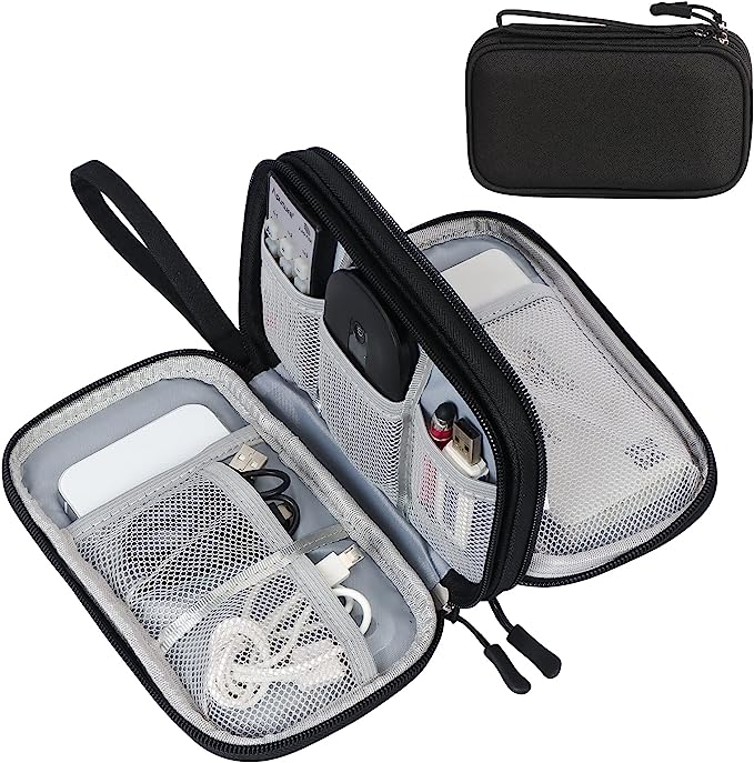 Custodia organizer per cavi e accessori elettronici, doppia cerniera, tasche a rete, portatile, ideale per viaggi e ufficio.