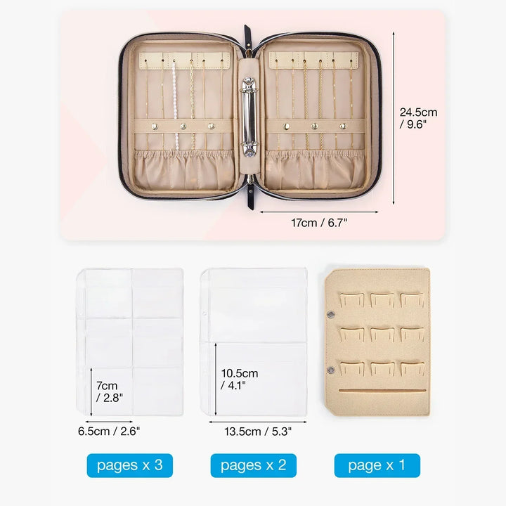 Custodia organizer per gioielli, dimensioni 24,5x17 cm, con tasche e ganci. Include 3 pagine trasparenti e 1 beige per anelli. Ideale per viaggi.