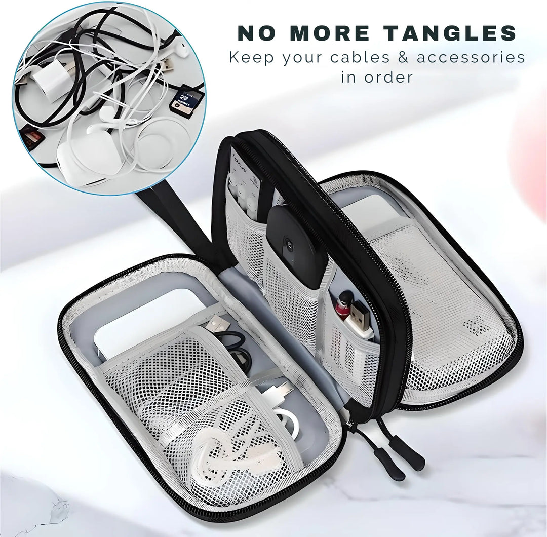 Custodia organizer per cavi e accessori elettronici, con scomparti a rete e cerniera, ideale per viaggi e ufficio, evita grovigli e disordine.