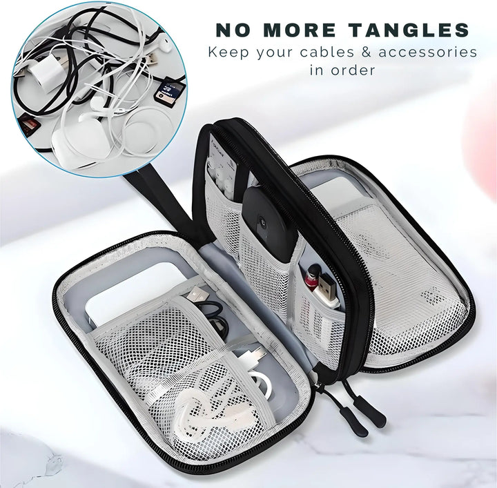Custodia organizer per cavi e accessori elettronici, con scomparti a rete e cerniera, ideale per viaggi e ufficio, evita grovigli e disordine.