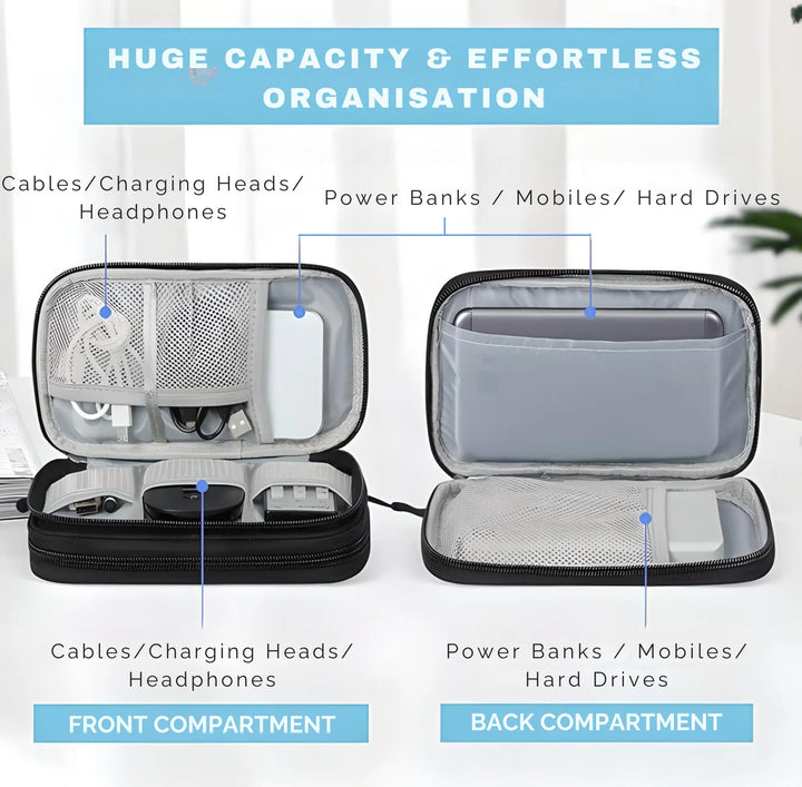 Custodia organizer per cavi e dispositivi elettronici, doppio scomparto, capacità elevata, ideale per power bank, hard disk, cuffie, caricabatterie.
