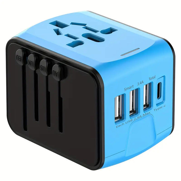 Adattatore universale da viaggio blu e nero con prese multiple e porte USB, compatibile con spine internazionali. Accessorio essenziale per viaggiatori.
