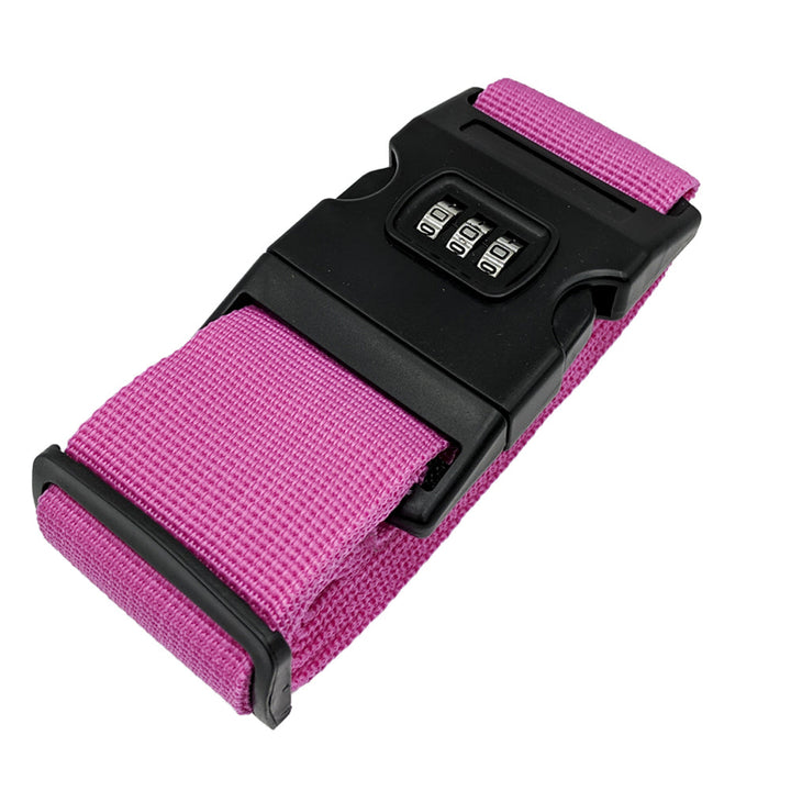 Cintura bagaglio rosa con chiusura a combinazione numerica nera, accessorio viaggio sicuro, regolabile, resistente, ideale per valigie.