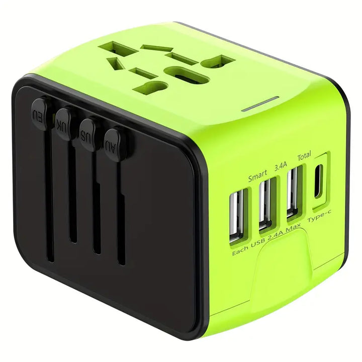 Adattatore universale da viaggio verde e nero con prese multiple, porte USB e Type-C. Accessorio compatto per ricarica dispositivi internazionali.