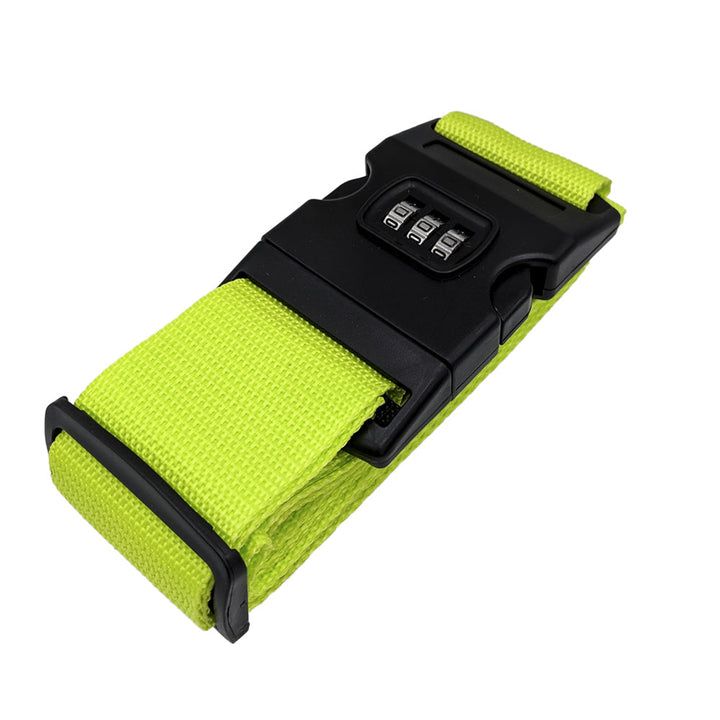 Cintura bagaglio verde con chiusura a combinazione numerica nera, accessorio viaggio sicuro, regolabile, resistente, ideale per valigie e zaini.
