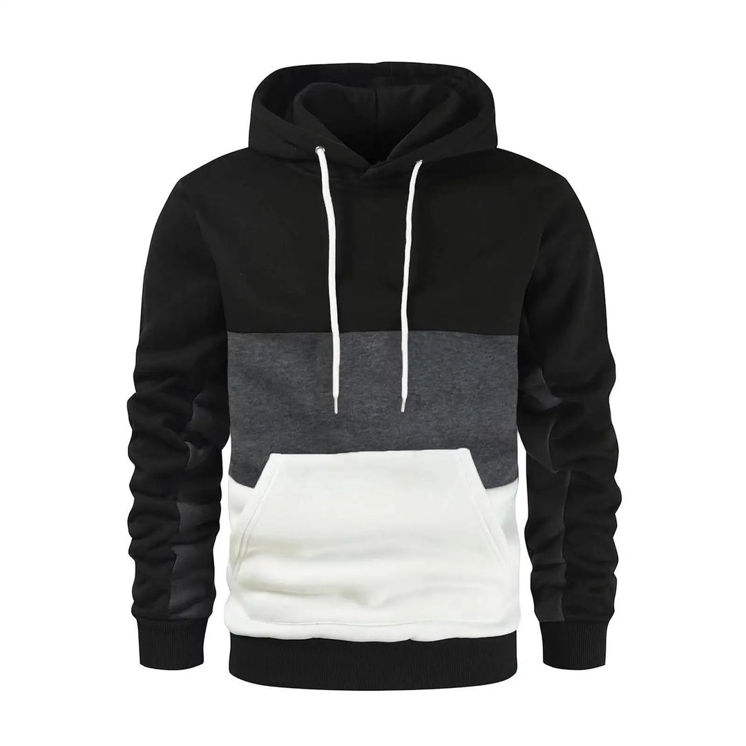 Felpa con cappuccio uomo, design a blocchi di colore nero, grigio e bianco, tasca frontale, cordini bianchi, moda casual, abbigliamento autunnale.