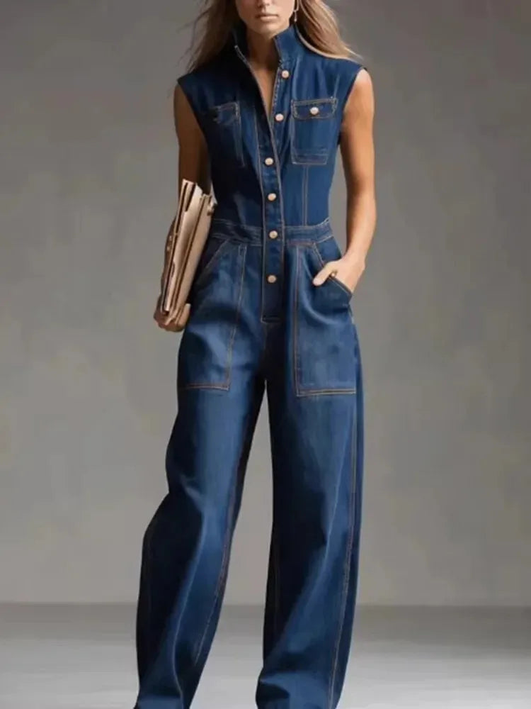 Tuta Intera Donna in Denim Vita Alta Gamba Larga - Vesarelli
