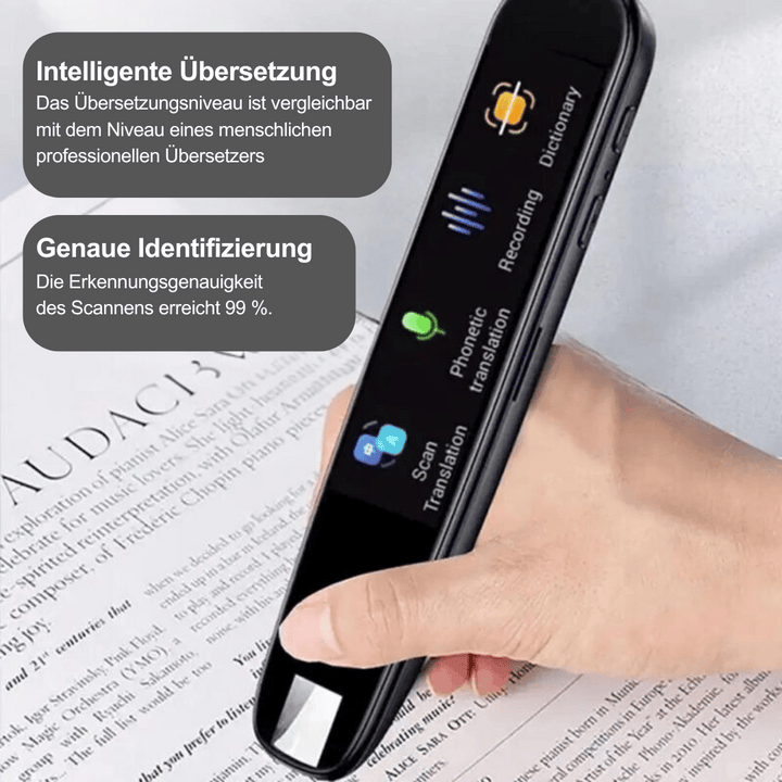 Scanner di traduzione portatile nero, display a colori, funzioni di traduzione, registrazione e dizionario, precisione del 99%, design ergonomico.