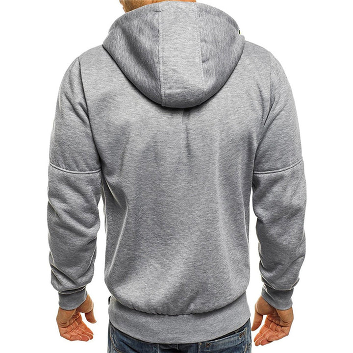 Felpa con cappuccio grigia da uomo, vista posteriore, tessuto morbido, design casual, ideale per abbigliamento sportivo e tempo libero.
