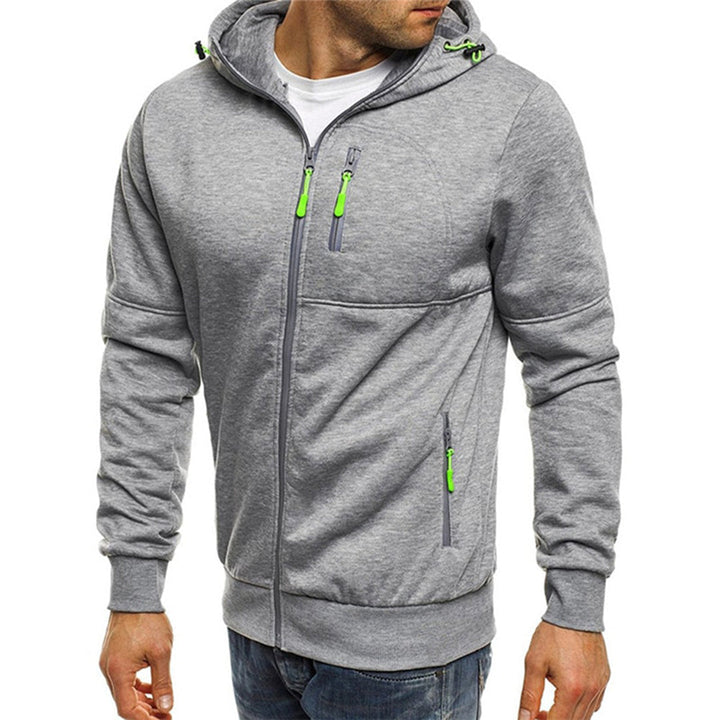 Felpa con cappuccio grigia da uomo, zip verde, tasche multiple, stile casual, ideale per sport e tempo libero. Tessuto morbido e confortevole.
