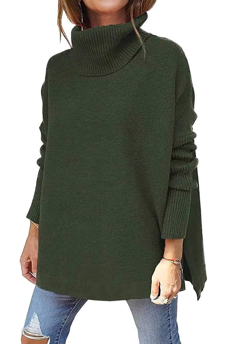 Maglione donna verde scuro a collo alto, maniche lunghe, stile casual, perfetto per l'autunno e l'inverno. Moda femminile, abbigliamento caldo.
