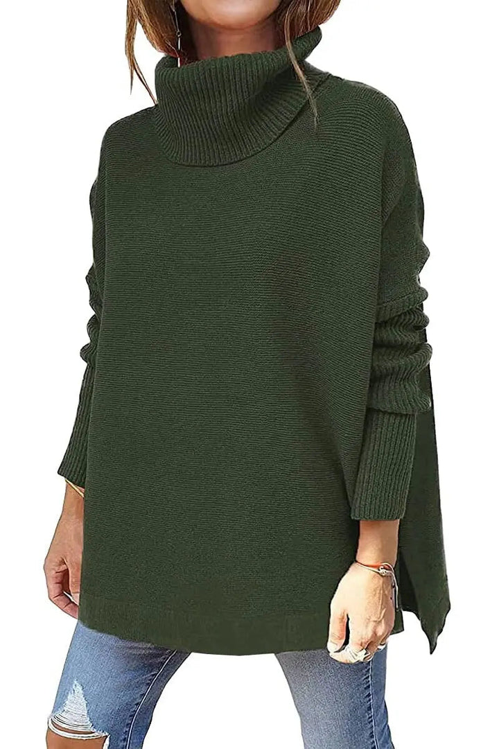 Maglione donna verde scuro a collo alto, maniche lunghe, stile casual, perfetto per l'autunno e l'inverno. Moda femminile, abbigliamento caldo.