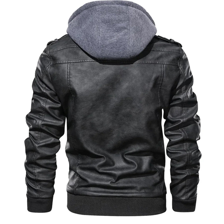 Giacca in pelle nera da uomo con cappuccio grigio, stile casual, retro, maniche lunghe, ideale per moda autunnale e invernale.
