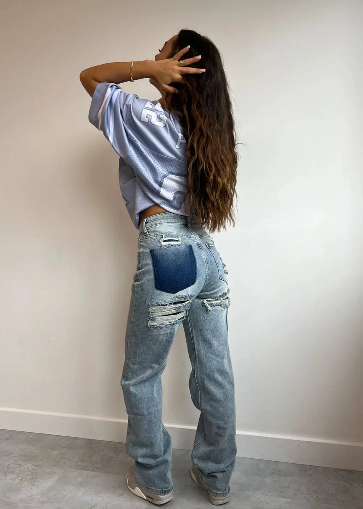 Jeans Donna Gamba Dritta Vita Alta Patchwork Effetto Usato - Vesarelli