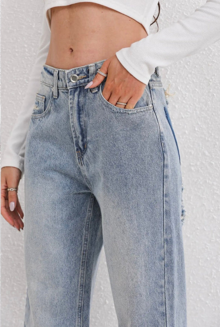 Jeans a Gamba Dritta a Vita Alta con Patchwork e Effetto Usato per Donna | Daniela