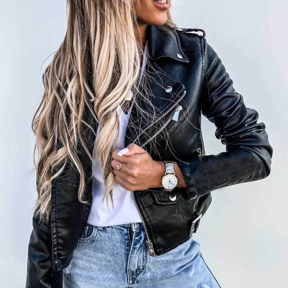 Jorlen | Giacca Biker Da Donna In Pelle Nera Con Zip Asimmetrica E Cintura 1