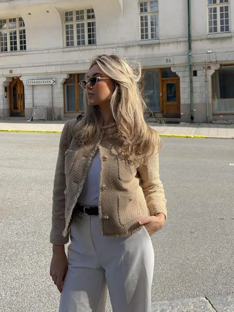 Jorvia Blazer Donna Corto in Tweed Beige con Bottoni e Maniche Lunghe 1