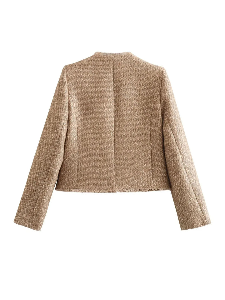 Jorvia Blazer Donna Corto in Tweed Beige con Bottoni e Maniche Lunghe 3