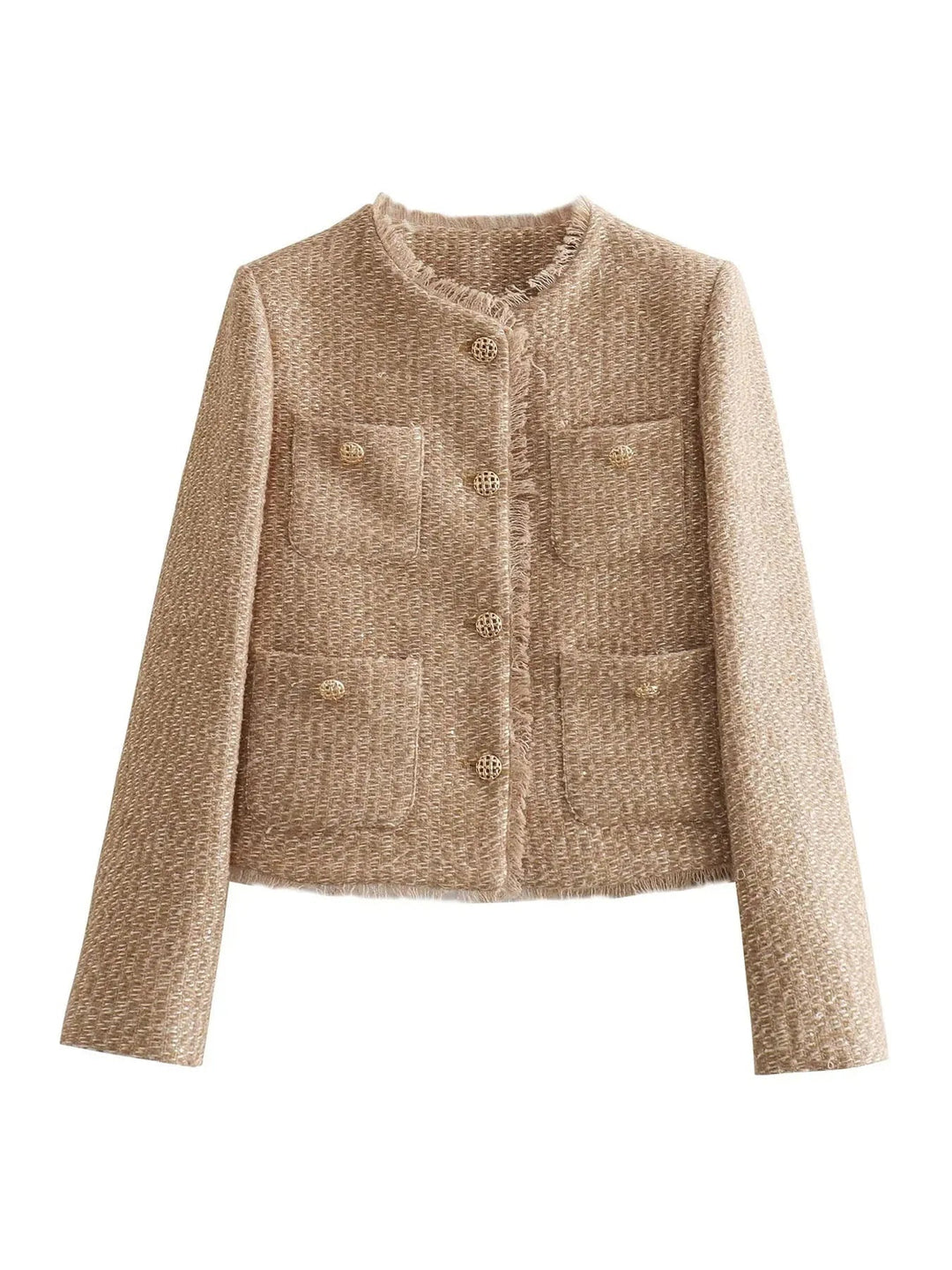 Jorvia Blazer Donna Corto in Tweed Beige con Bottoni e Maniche Lunghe 4