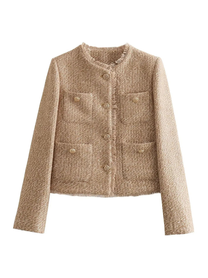 Jorvia Blazer Donna Corto in Tweed Beige con Bottoni e Maniche Lunghe 4