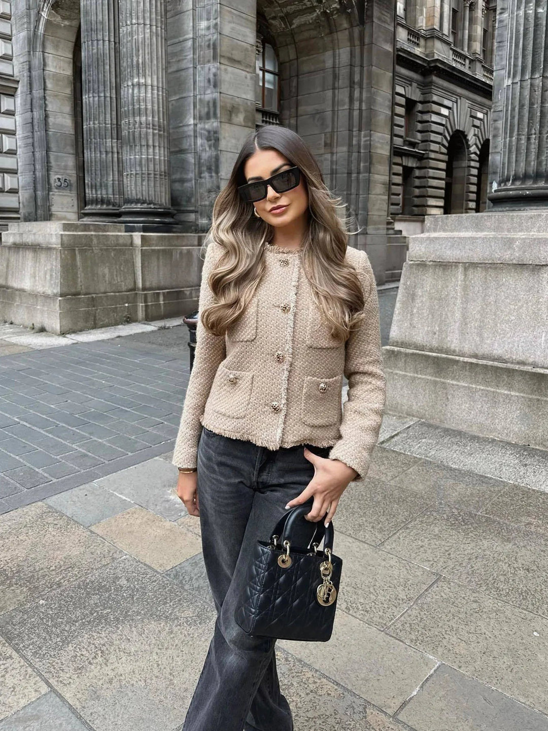 Jorvia Blazer Donna Corto in Tweed Beige con Bottoni e Maniche Lunghe 5
