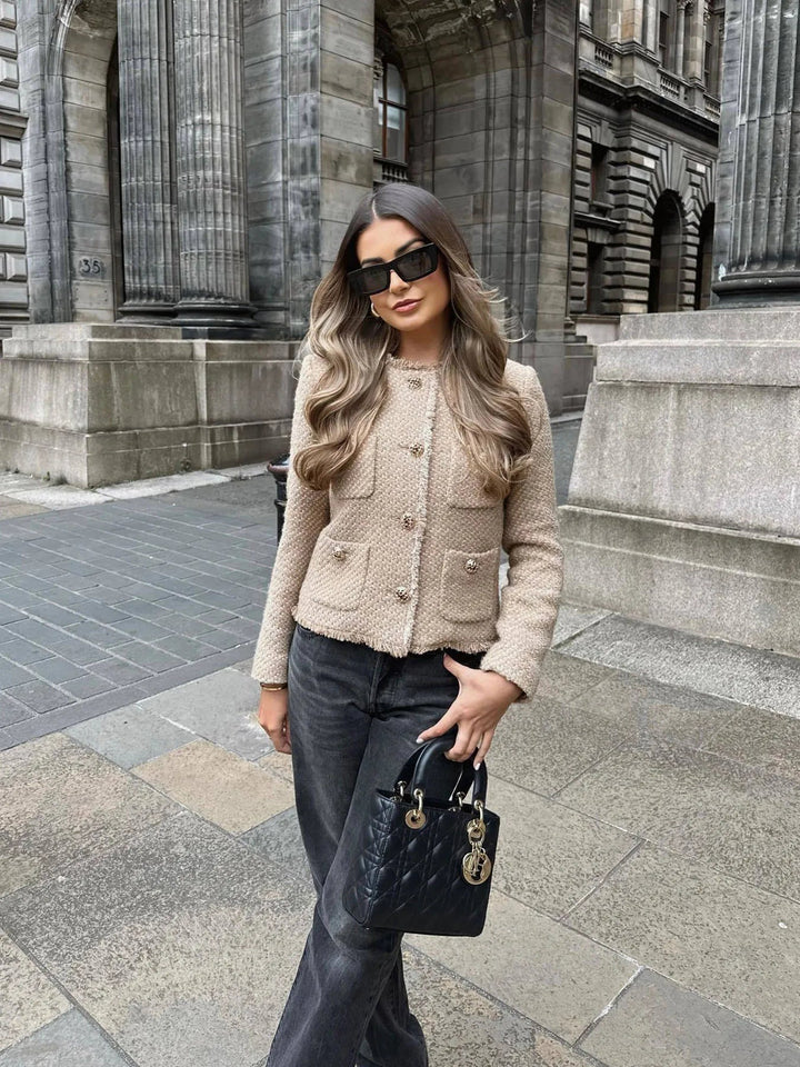 Jorvia Blazer Donna Corto in Tweed Beige con Bottoni e Maniche Lunghe 5