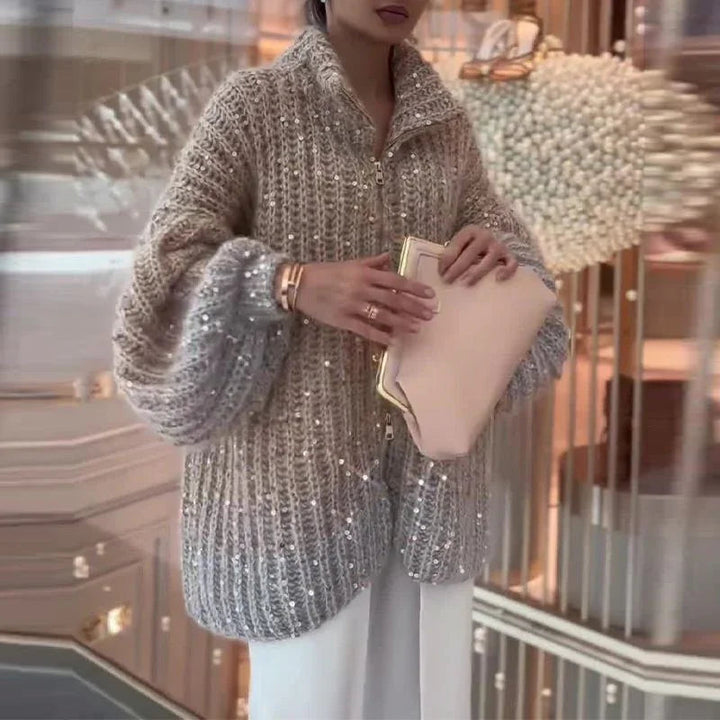 Knovela | Maglione Cashmere Donna Cardigan Oversize Paillettes Collo Alto 3