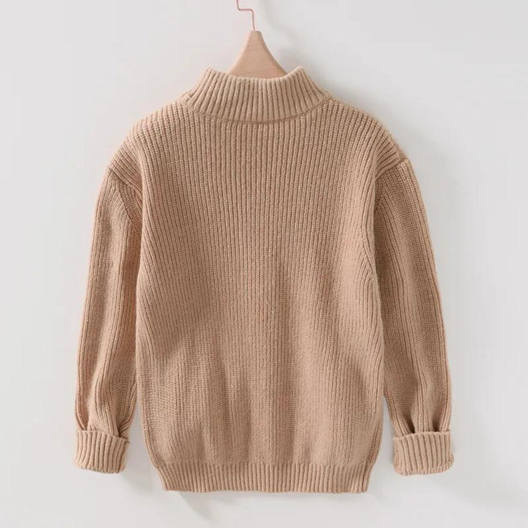 Maglione beige in maglia a coste, collo alto, maniche lunghe, stile casual, perfetto per l'autunno e l'inverno. Abbigliamento caldo e confortevole.
