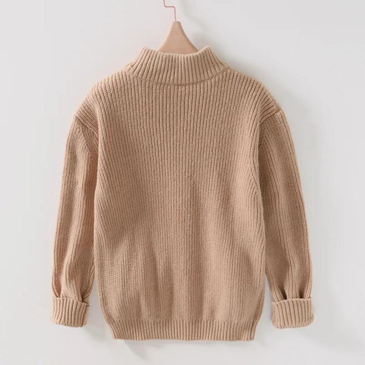 Maglione beige in maglia a coste, collo alto, maniche lunghe, stile casual, perfetto per l'autunno e l'inverno. Abbigliamento caldo e confortevole.