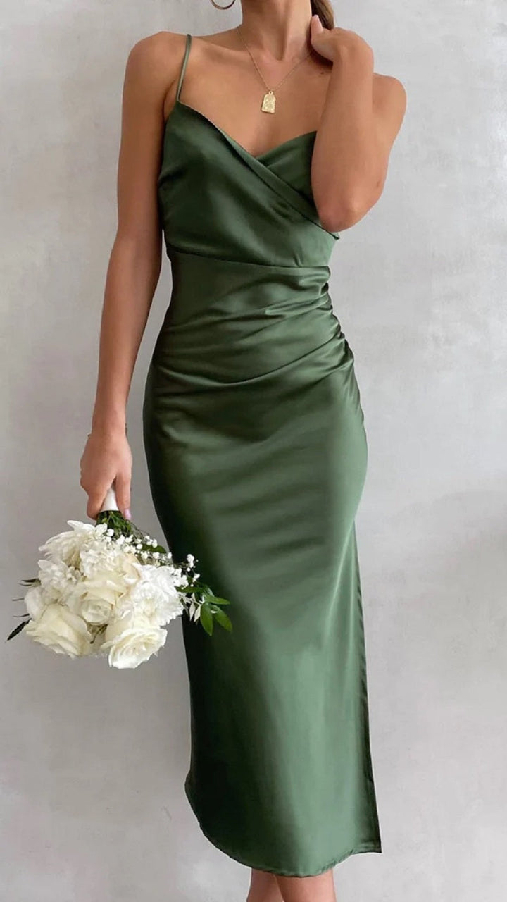 Abito Midi Donna in Raso Senza Maniche Spacco Sera