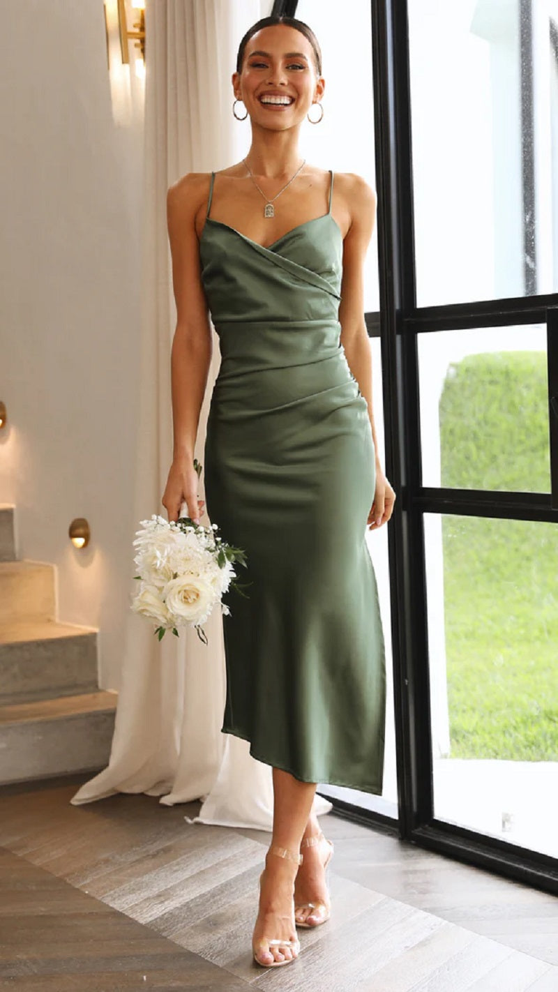 Abito Midi Donna in Raso Senza Maniche Spacco Sera