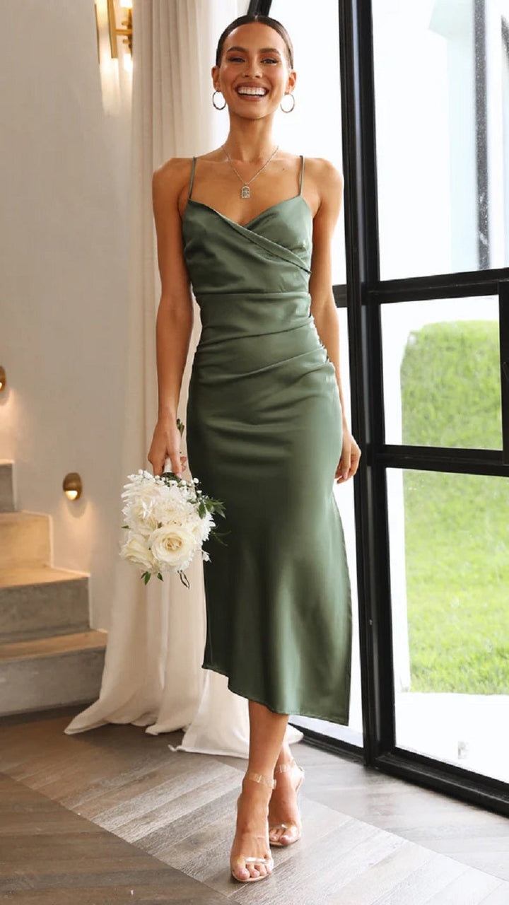 Abito Midi Donna in Raso Senza Maniche Spacco Sera