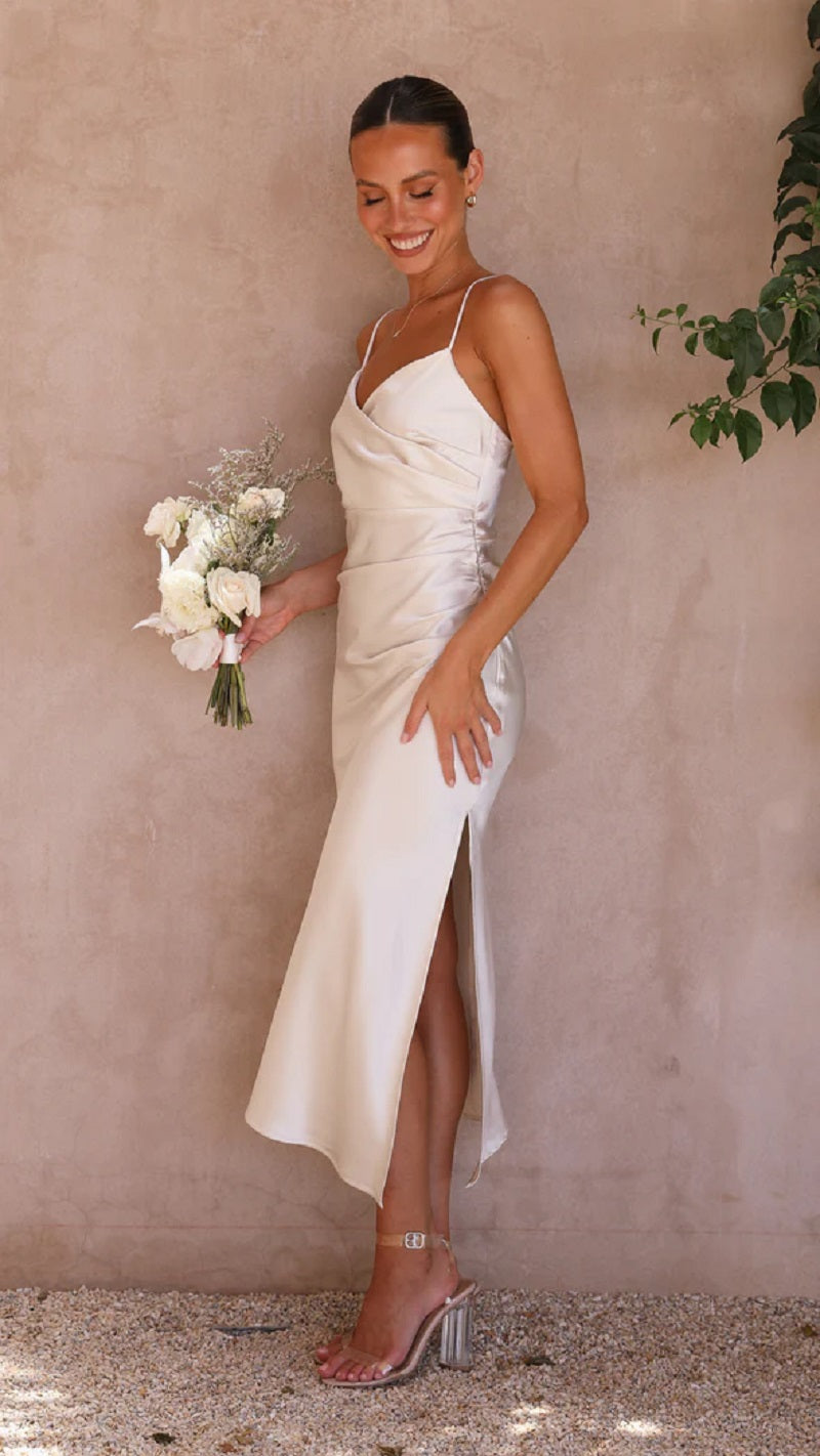 Abito Midi Donna in Raso Senza Maniche Spacco Sera