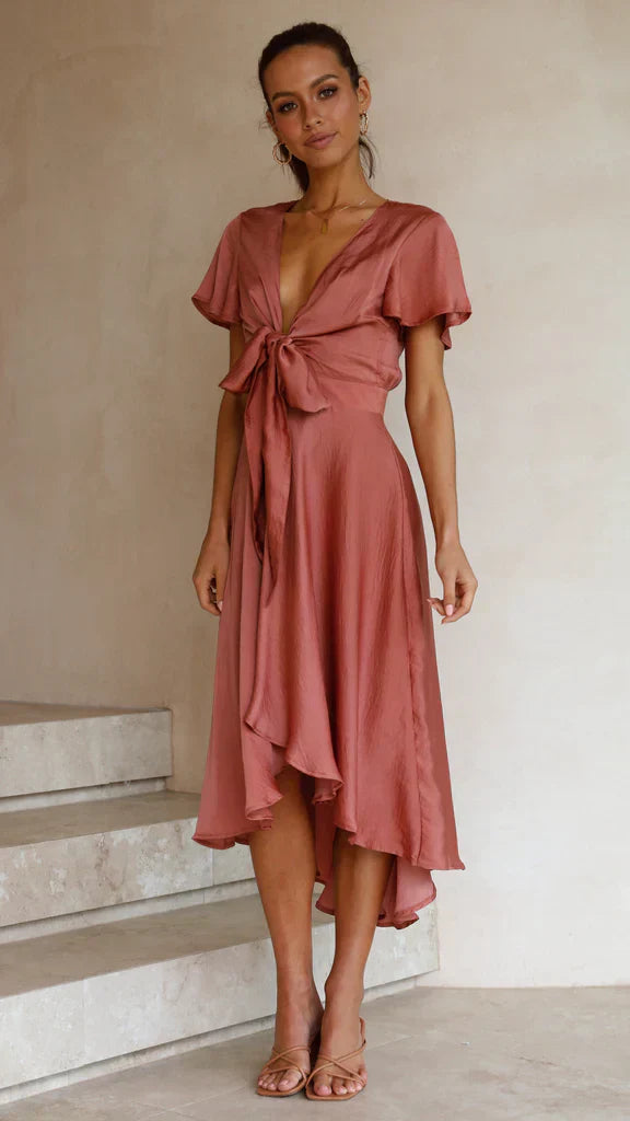 Abito Midi Donna in Raso Scollo a V Maniche Farfalla Gonna Asimmetrica