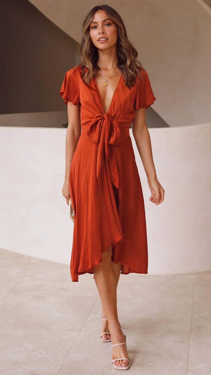 Abito Midi Donna in Raso Scollo a V Maniche Farfalla Gonna Asimmetrica