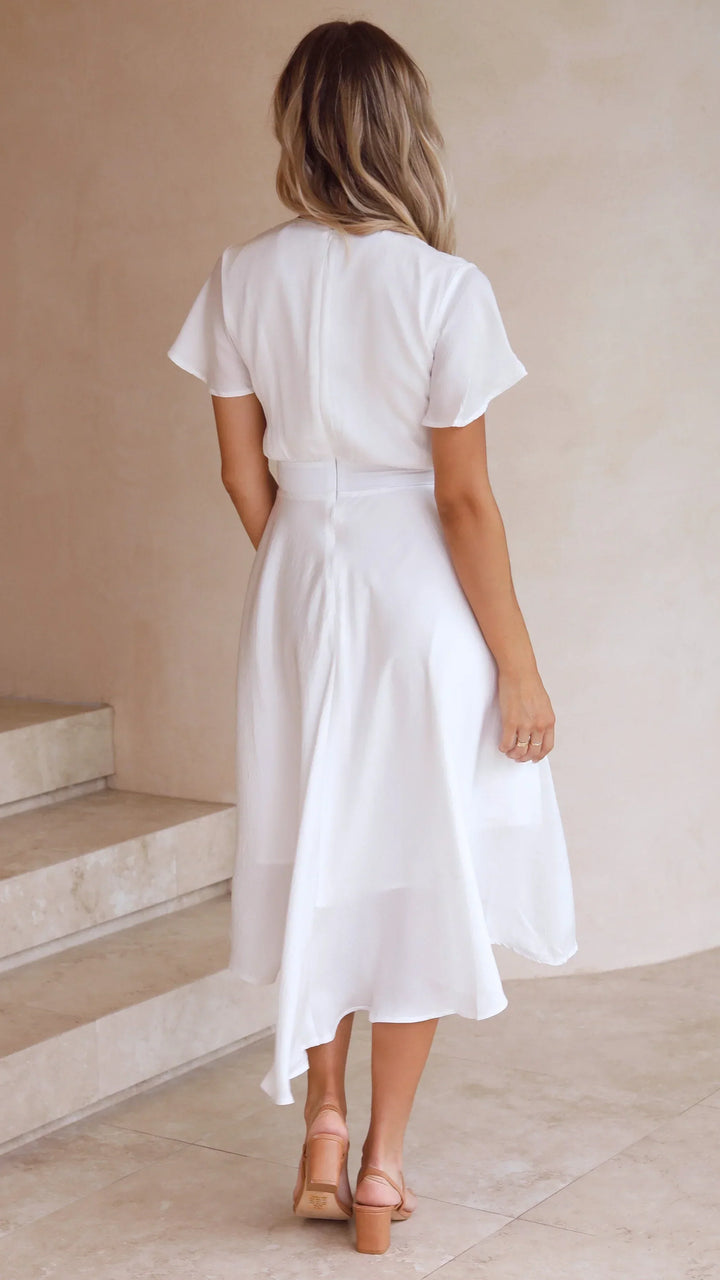 Abito Midi Donna in Raso Scollo a V Maniche Farfalla Gonna Asimmetrica