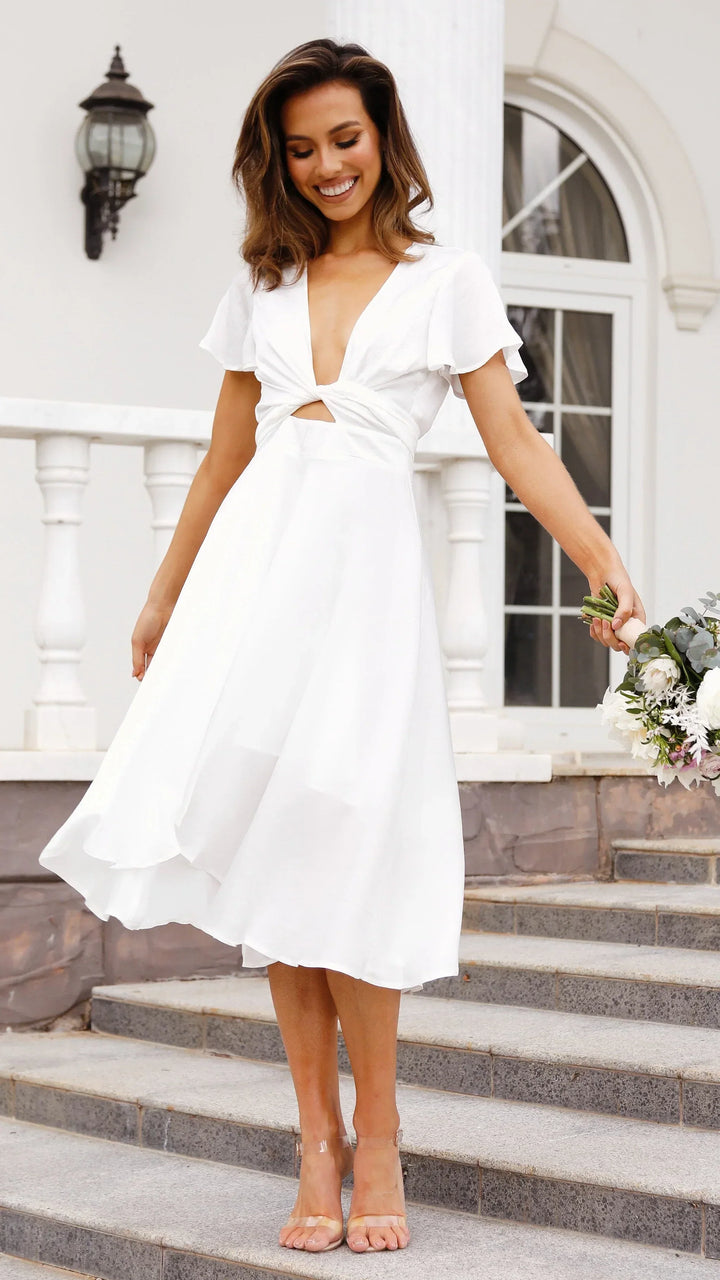 Abito Midi Donna in Raso Scollo a V Maniche Farfalla Gonna Asimmetrica